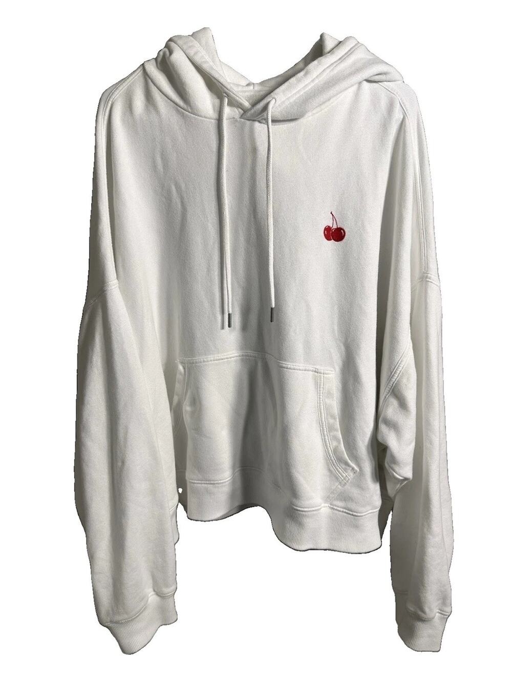 Aerie White Fleece Pullover Hoodie w/ Pockets Drawstring Embroidered Cherry XXL